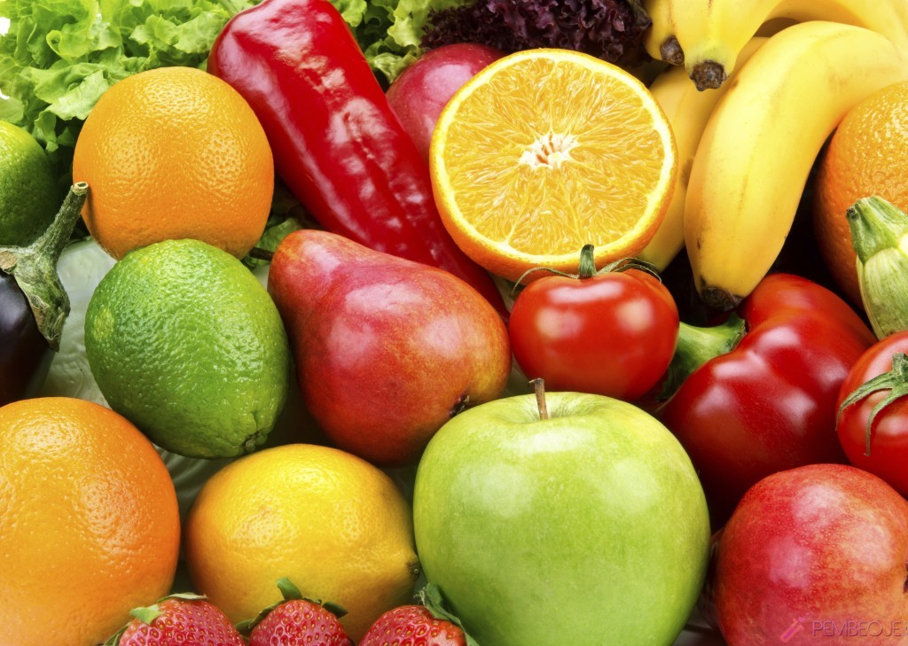 bright background of ripe fruits  and vegetables